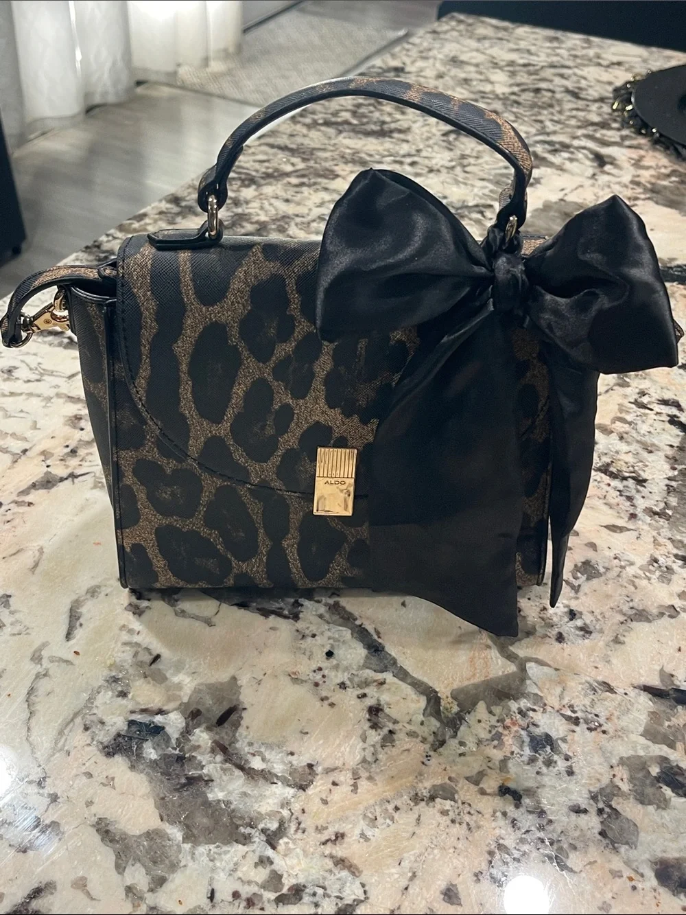 Aldo Black and Brown Leopard-Print Satchel with Black Bow Accent